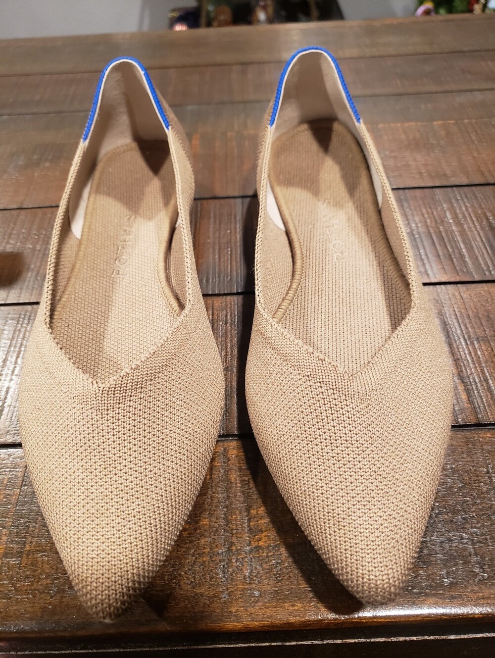 Rothy's Camel Colored Pointed Toe Women’s Flats with Blue Trim